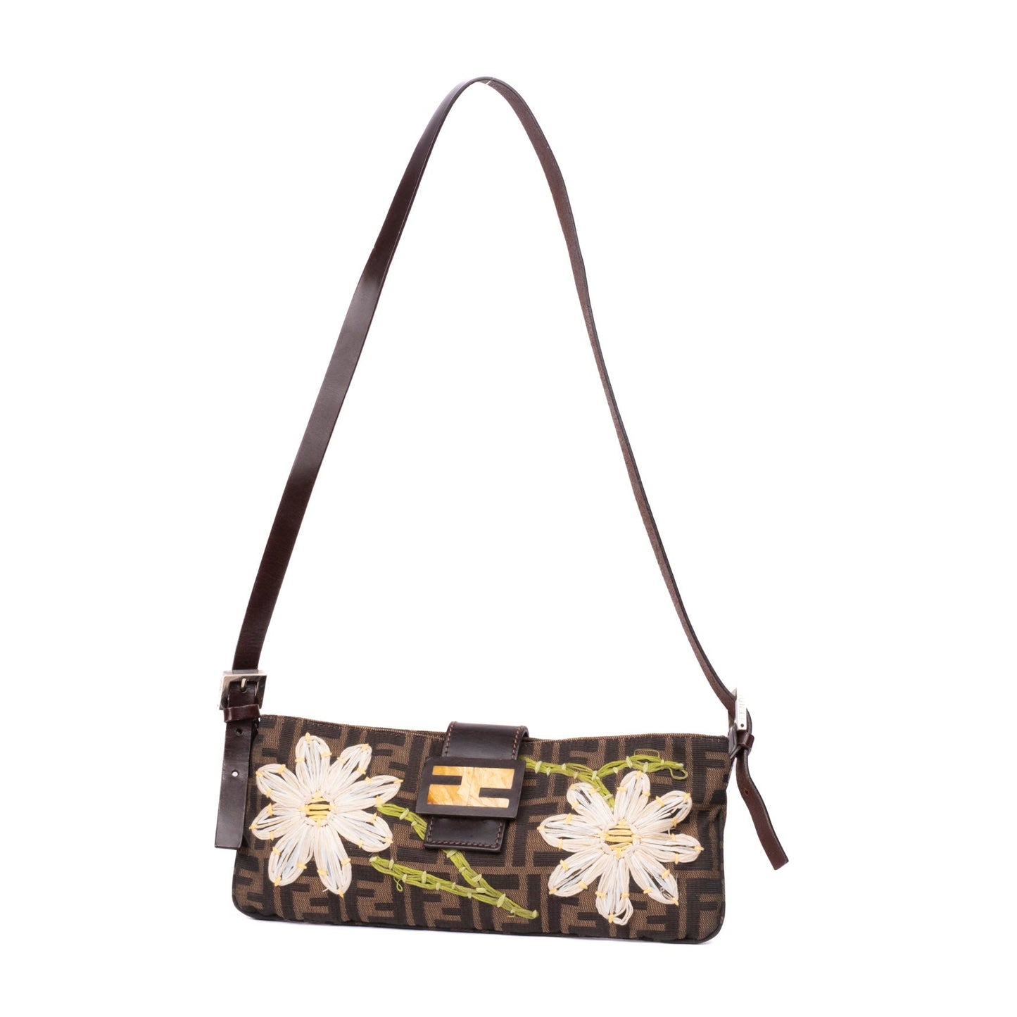 Fendi Brown Multicolored Zucca Embroidered Flower Crossbody Bag