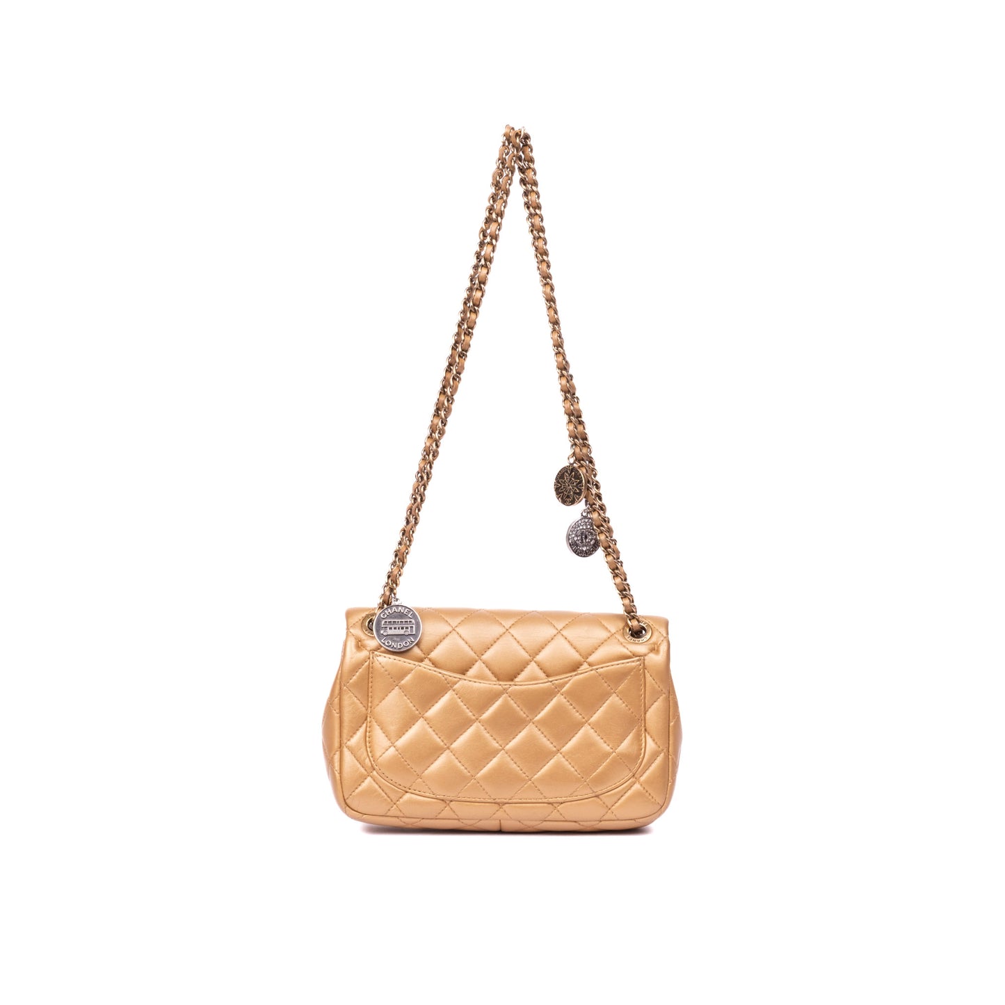 Chanel 2006 Metallic Gold Lambskin Leather Coin Medallion Mini Single Flap