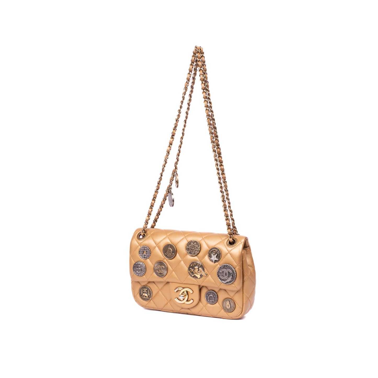 Chanel 2006 Metallic Gold Lambskin Leather Coin Medallion Mini Single Flap