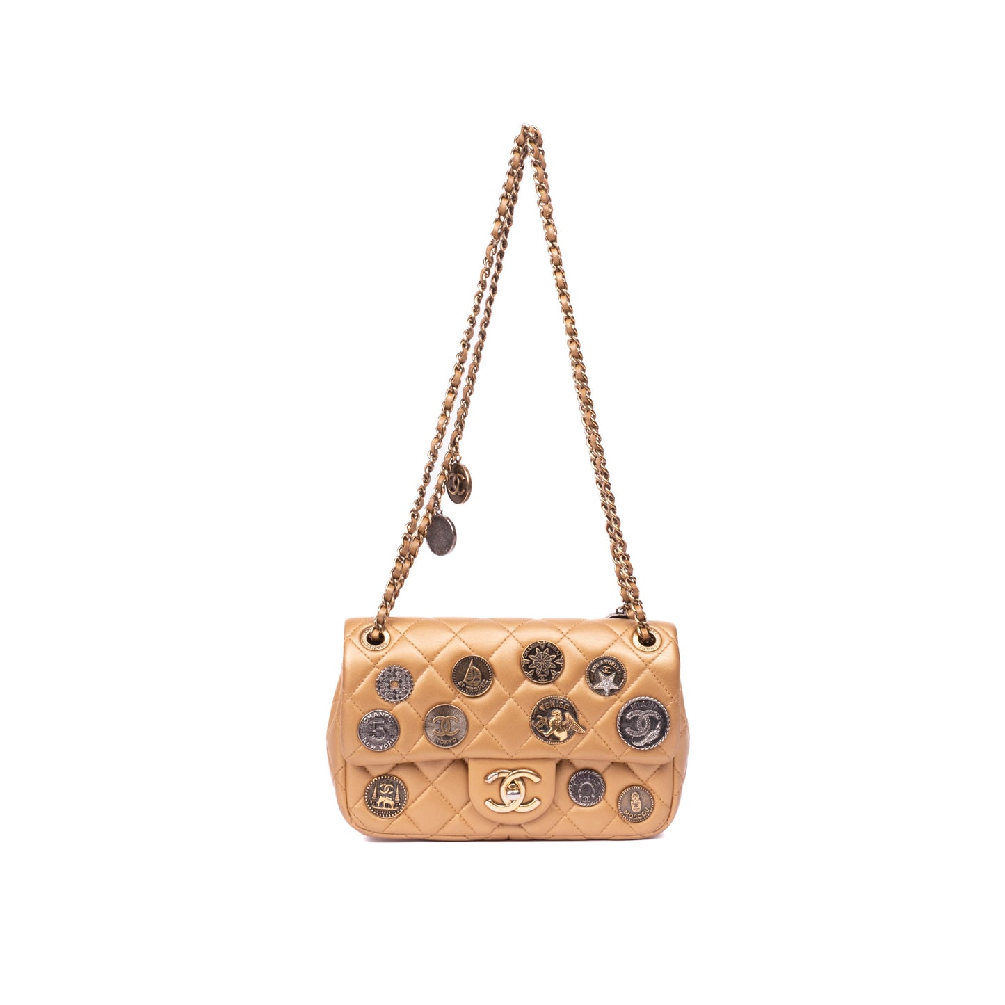 Chanel 2006 Metallic Gold Lambskin Leather Coin Medallion Mini Single Flap