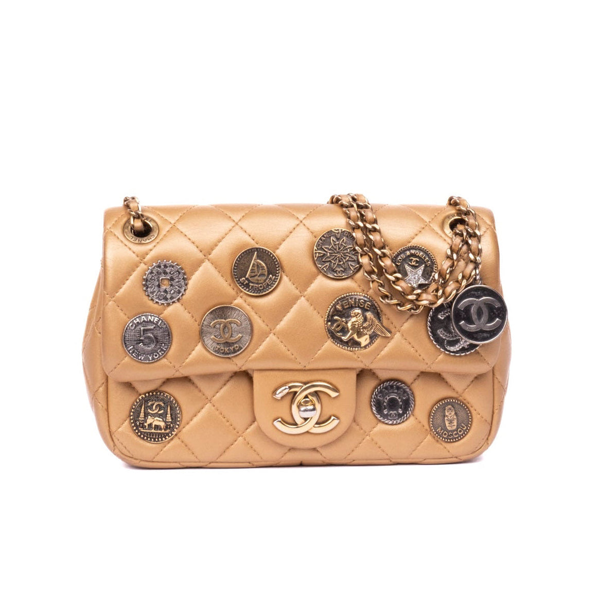 Chanel 2006 Metallic Gold Lambskin Leather Coin Medallion Mini Single Flap