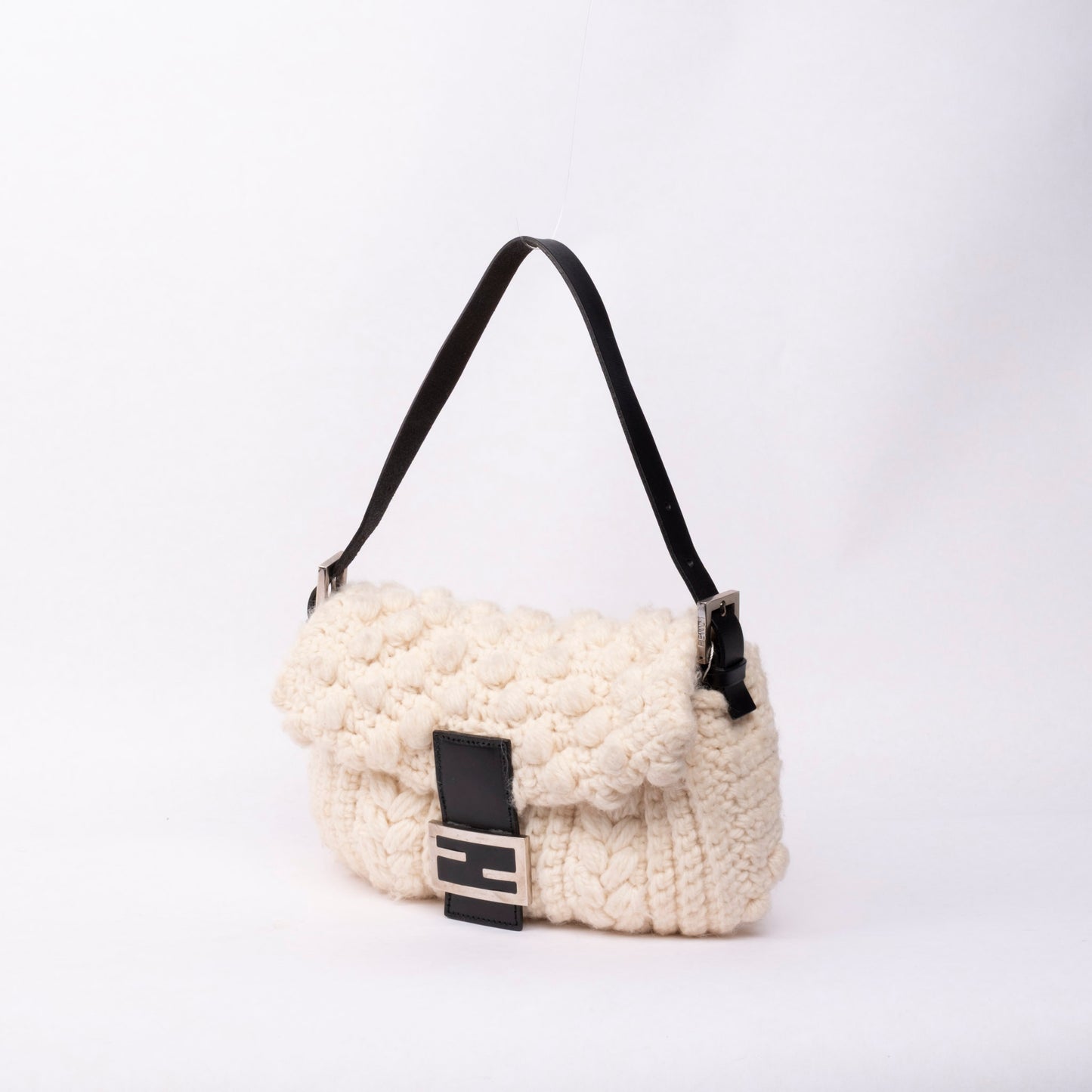 Fendi White Knit Baguette Shoulder Bag