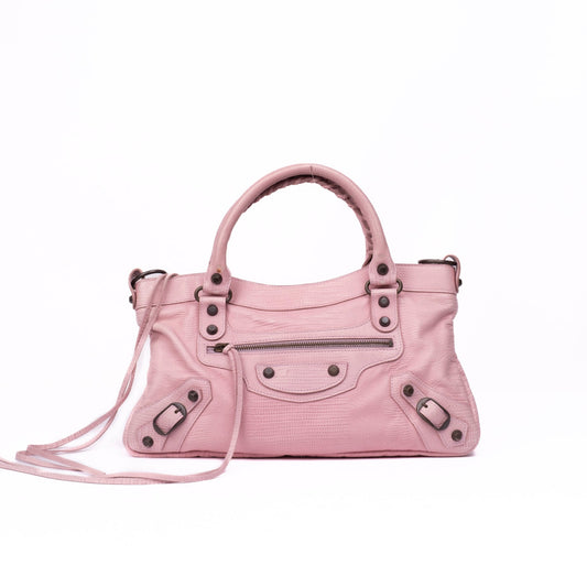 RARE Balenciaga Pink Leather Lizard Embossed First City Bag