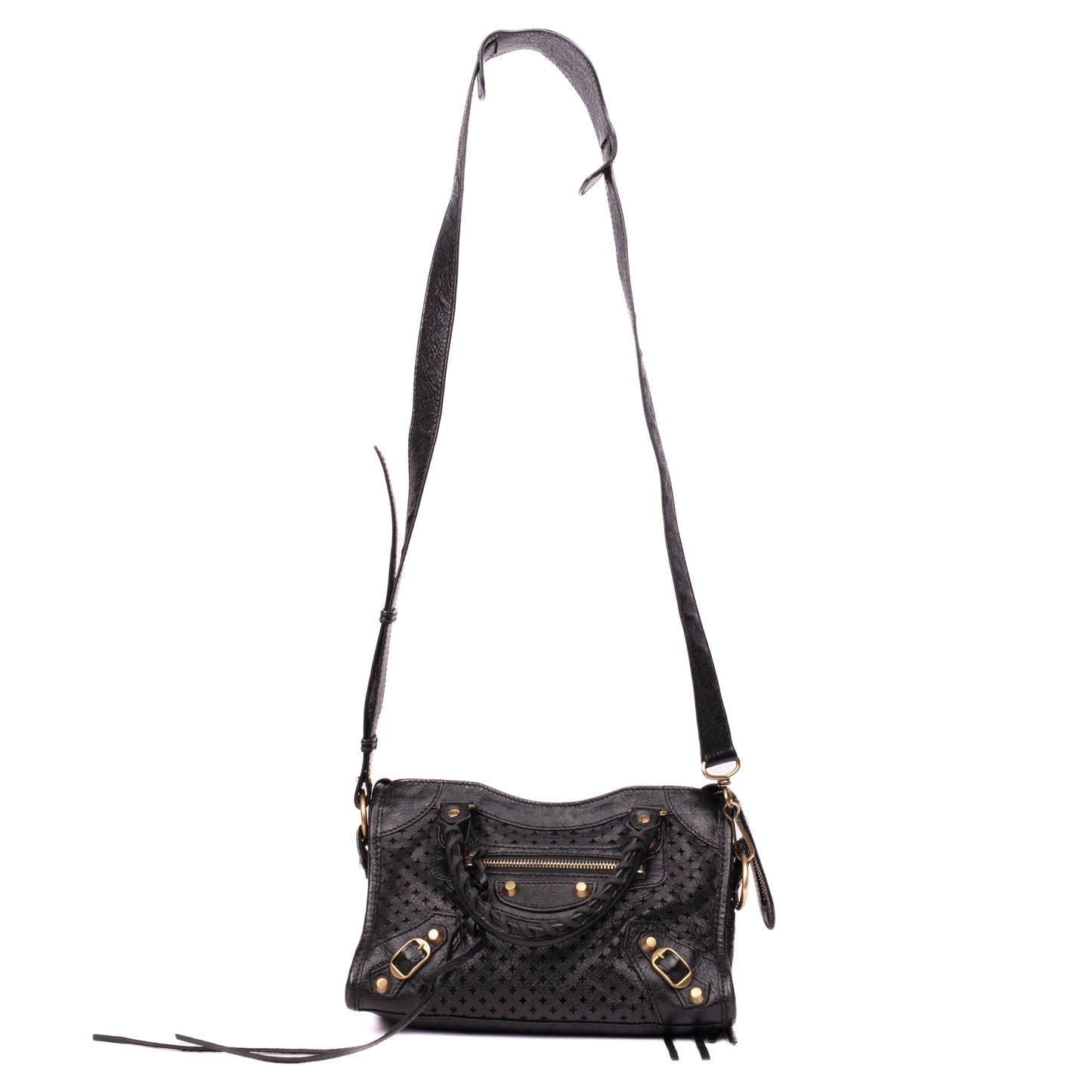Balenciaga Black Perforated Leather Mini City Bag w/ Crossbody Strap