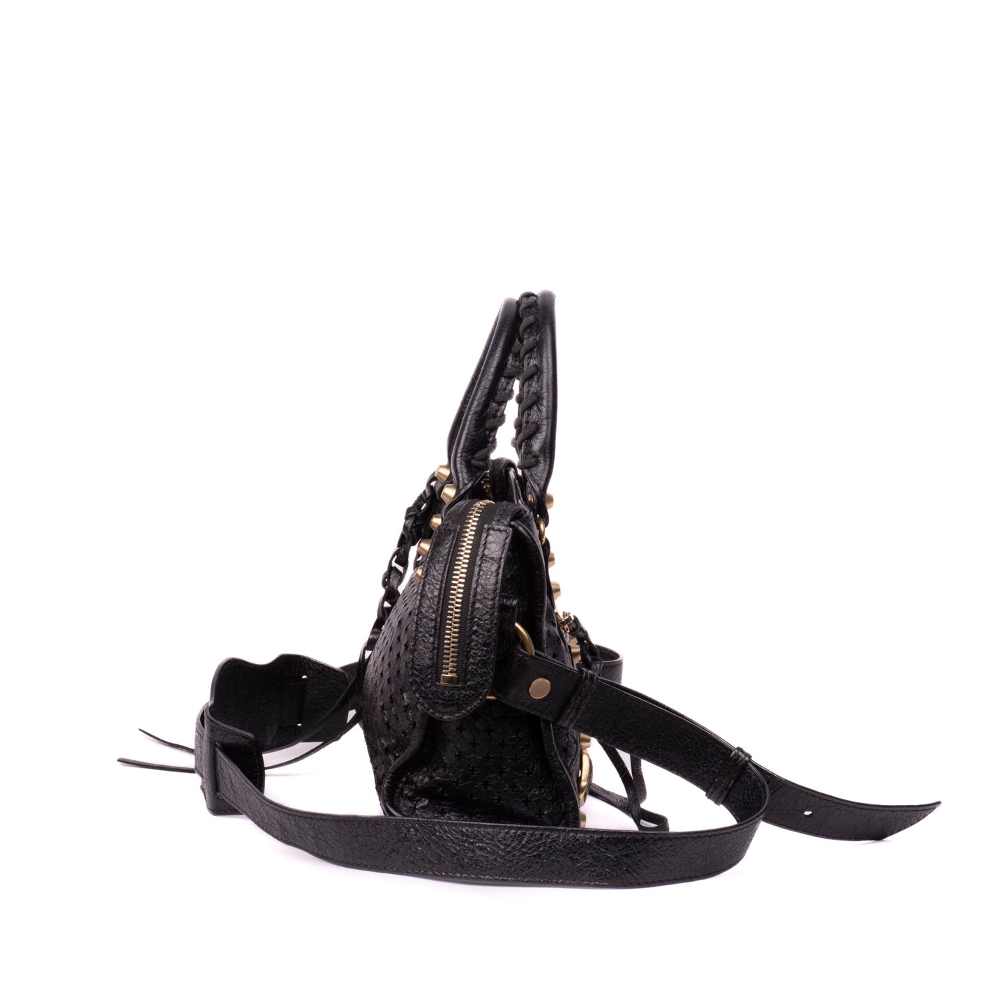 Balenciaga Black Perforated Leather Mini City Bag w/ Crossbody Strap
