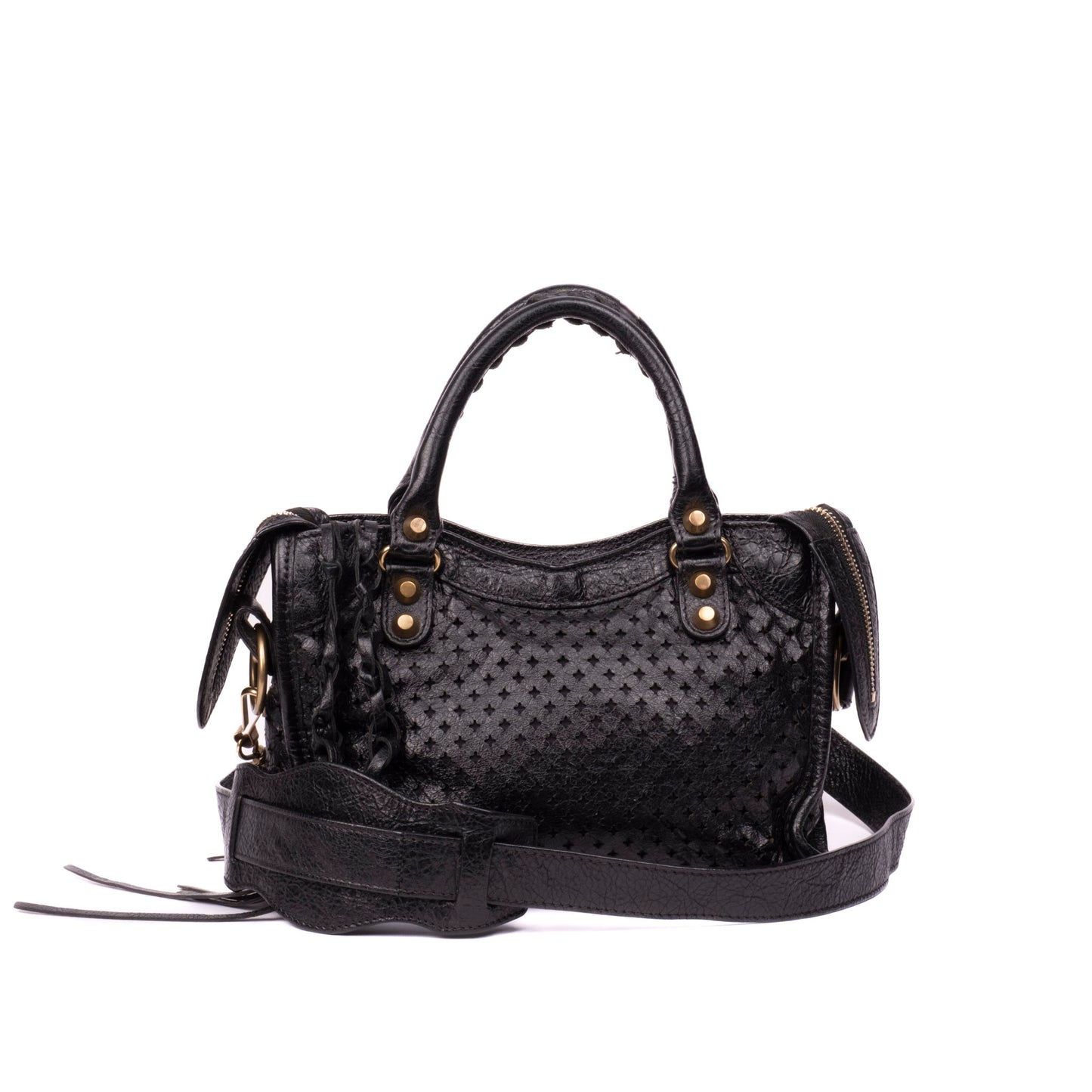Balenciaga Black Perforated Leather Mini City Bag w/ Crossbody Strap