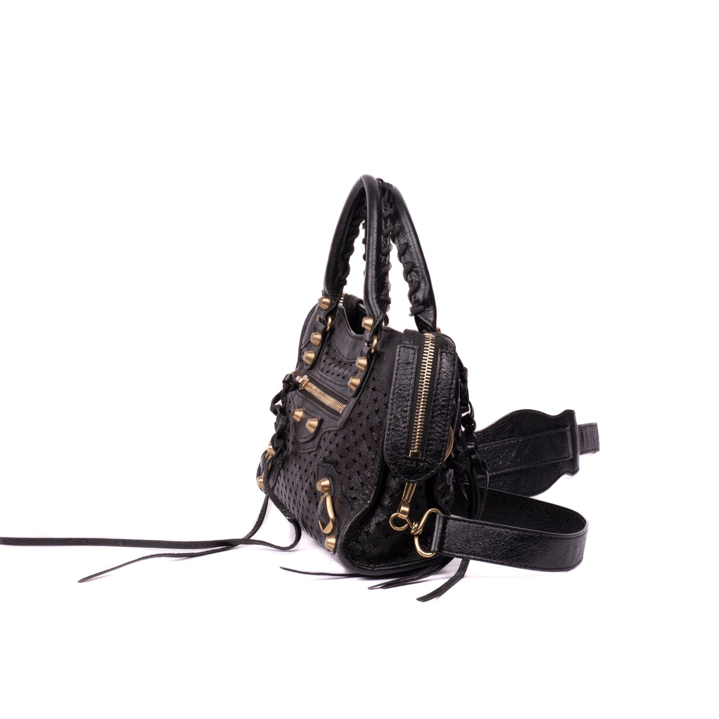 Balenciaga Black Perforated Leather Mini City Bag w/ Crossbody Strap