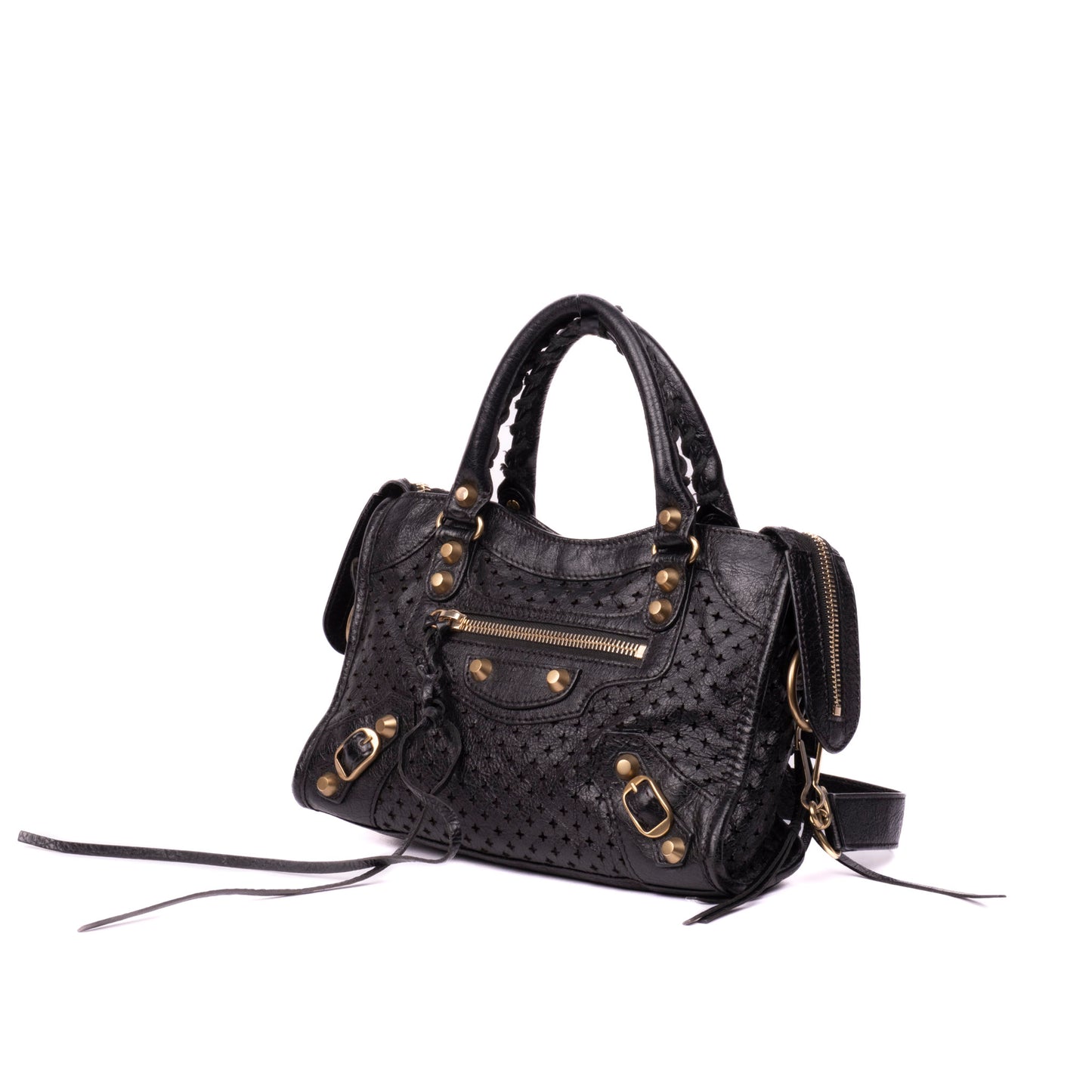 Balenciaga Black Perforated Leather Mini City Bag w/ Crossbody Strap