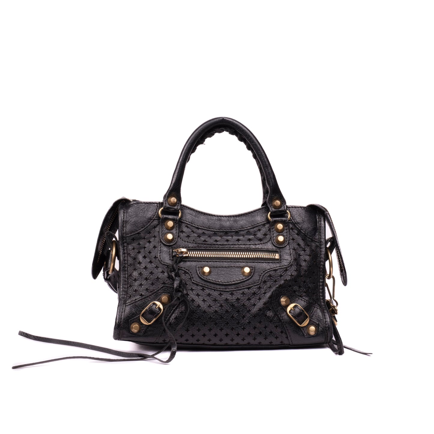 Balenciaga Black Perforated Leather Mini City Bag w/ Crossbody Strap
