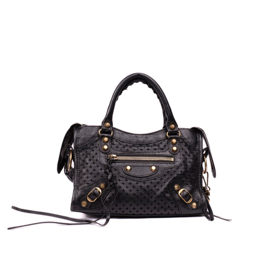 Balenciaga Black Perforated Leather Mini City Bag w/ Crossbody Strap