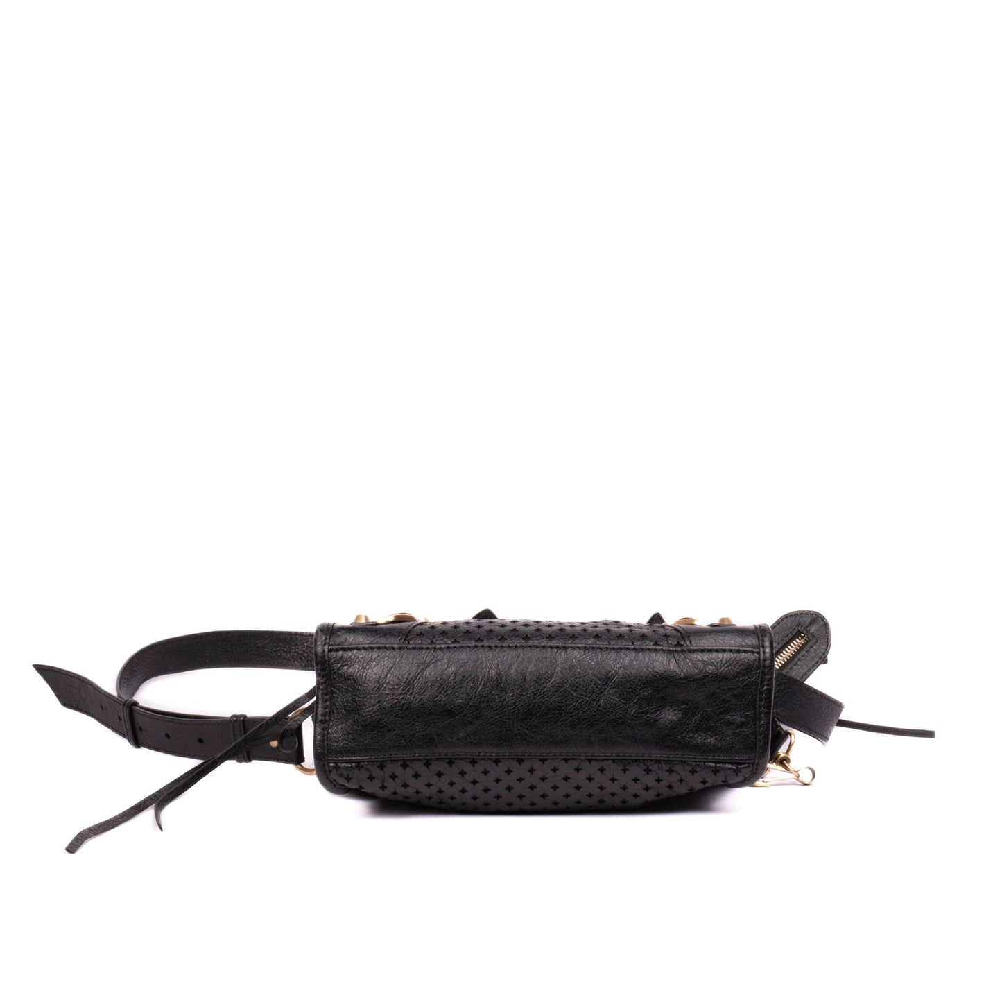 Balenciaga Black Perforated Leather Mini City Bag w/ Crossbody Strap