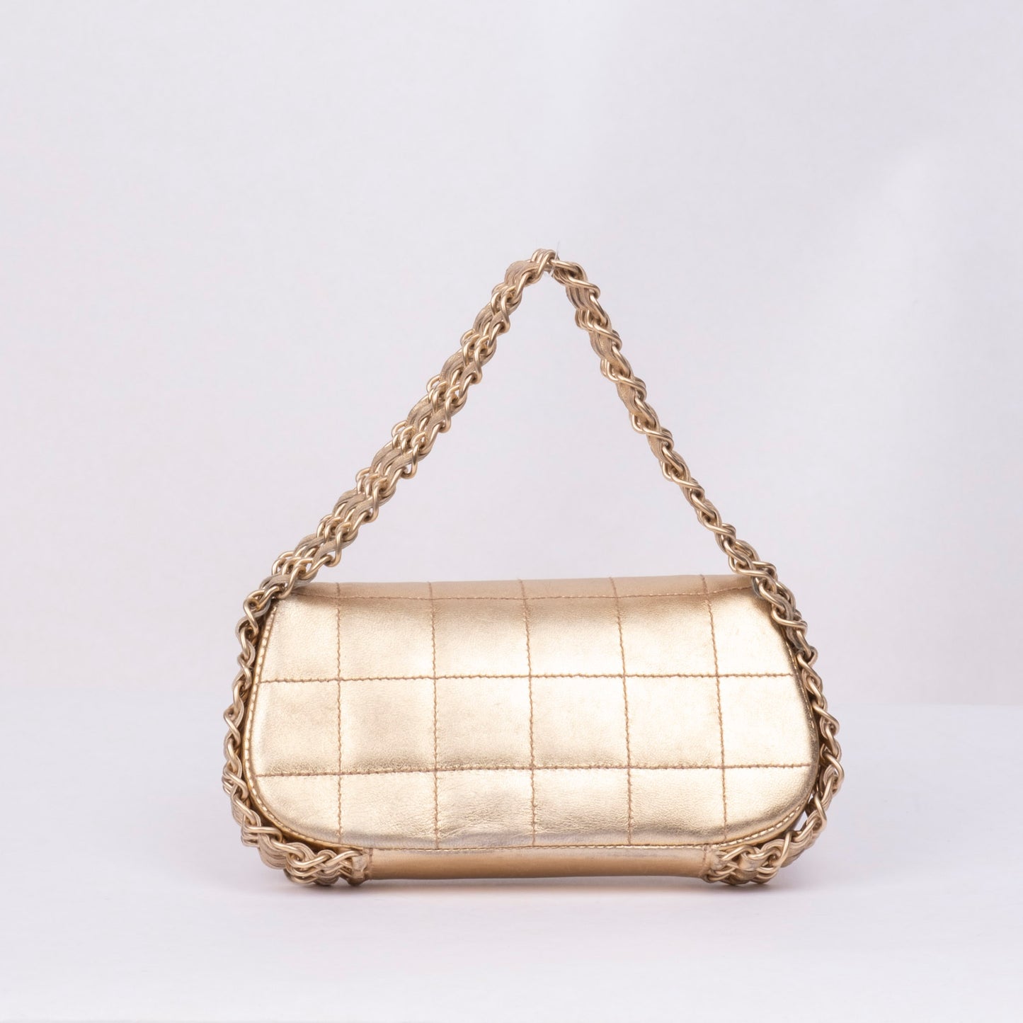 Chanel Mini Gold Metallic Lambskin Leather Chocolate Bar 3 Chain Flap