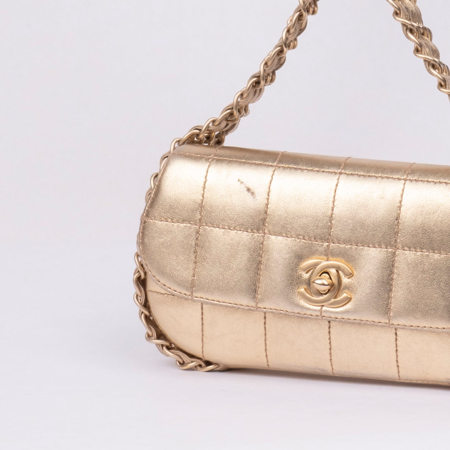 Chanel Mini Gold Metallic Lambskin Leather Chocolate Bar 3 Chain Flap