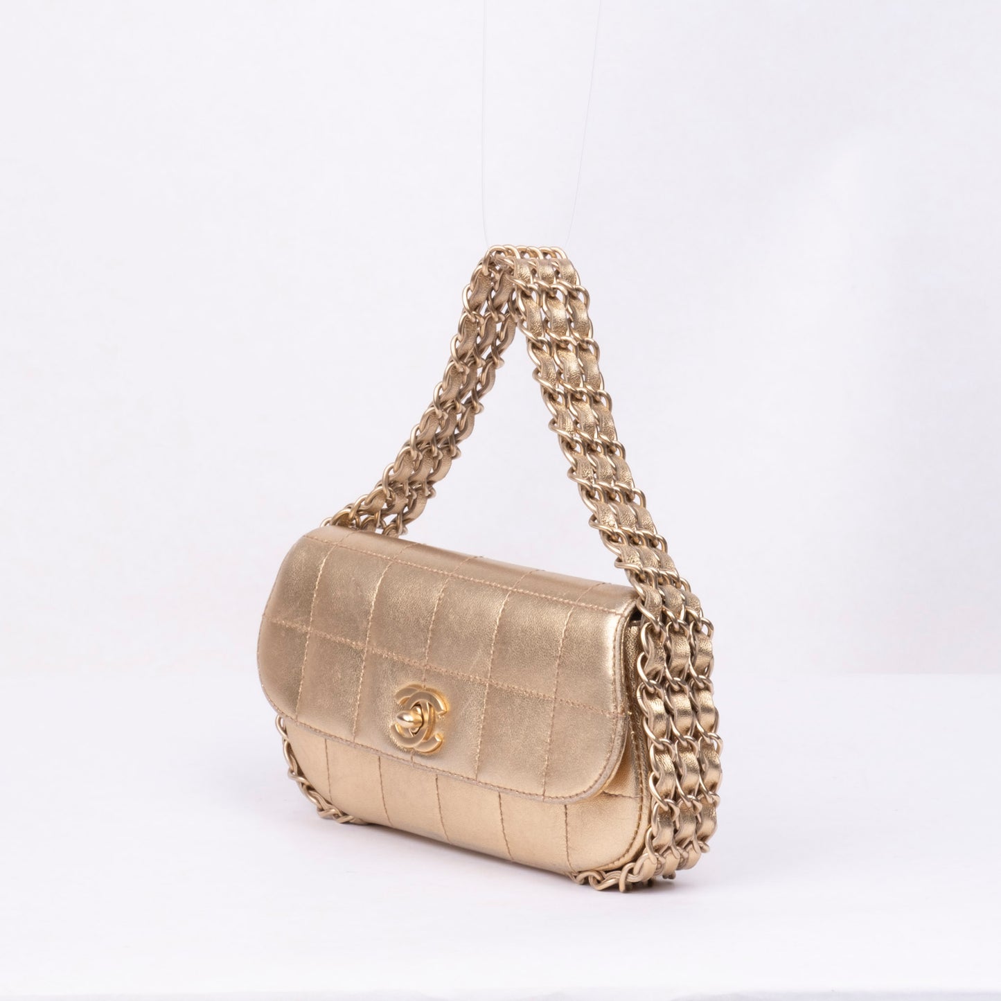 Chanel Mini Gold Metallic Lambskin Leather Chocolate Bar 3 Chain Flap