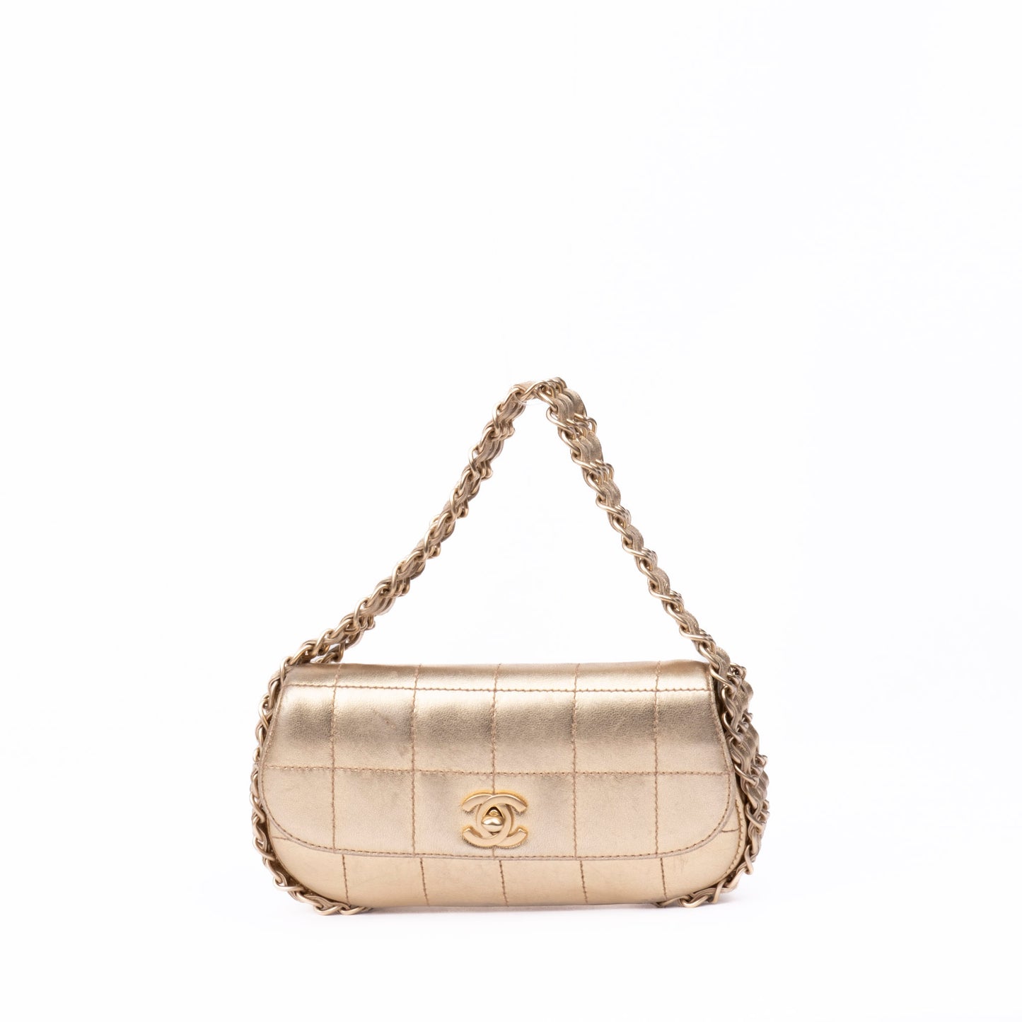 Chanel Mini Gold Metallic Lambskin Leather Chocolate Bar 3 Chain Flap
