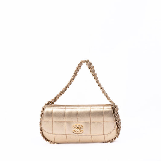 Chanel Mini Gold Metallic Lambskin Leather Chocolate Bar 3 Chain Flap