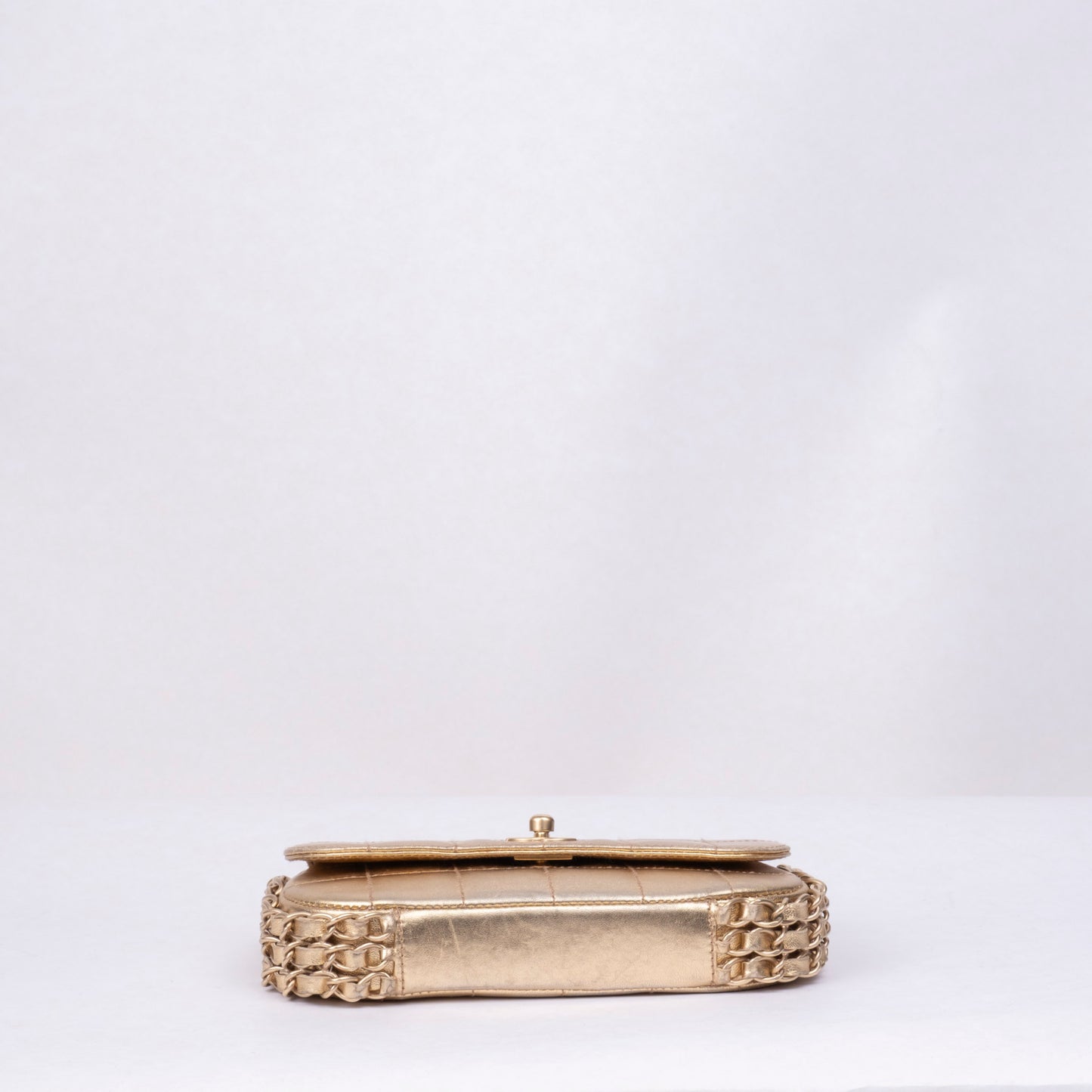 Chanel Mini Gold Metallic Lambskin Leather Chocolate Bar 3 Chain Flap