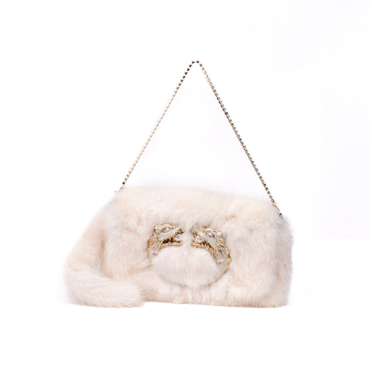 RARE Gucci White Mink Fur Tom Ford Era Chain Crystal Clutch