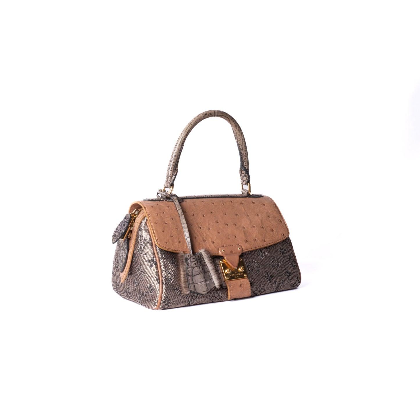 RARE Louis Vuitton Brown Multicolored Monogram Ostrich & Alligator Comédie Carousel Top Handle Bag
