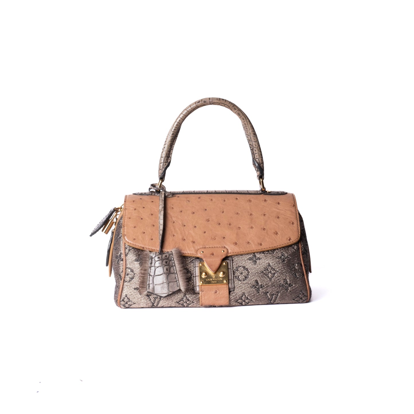 RARE Louis Vuitton Brown Multicolored Monogram Ostrich & Alligator Comédie Carousel Top Handle Bag