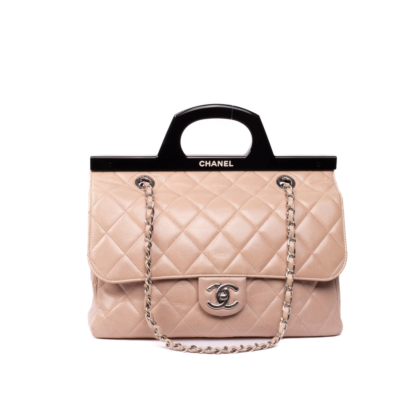 Chanel 2014 Beige Lambskin Quilted Acrylic Handle Delivery Flap