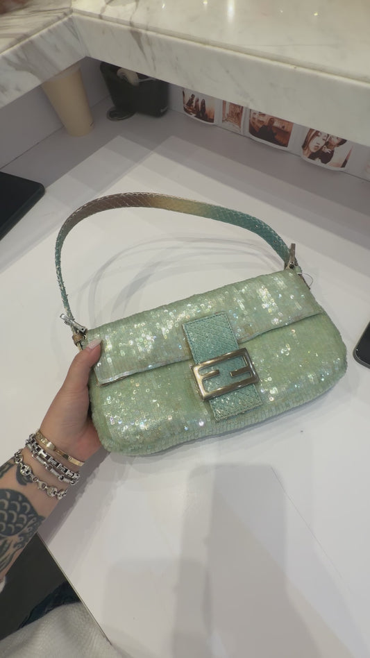 Fendi Limited Edition Teal Sequin Ombré Python Baguette
