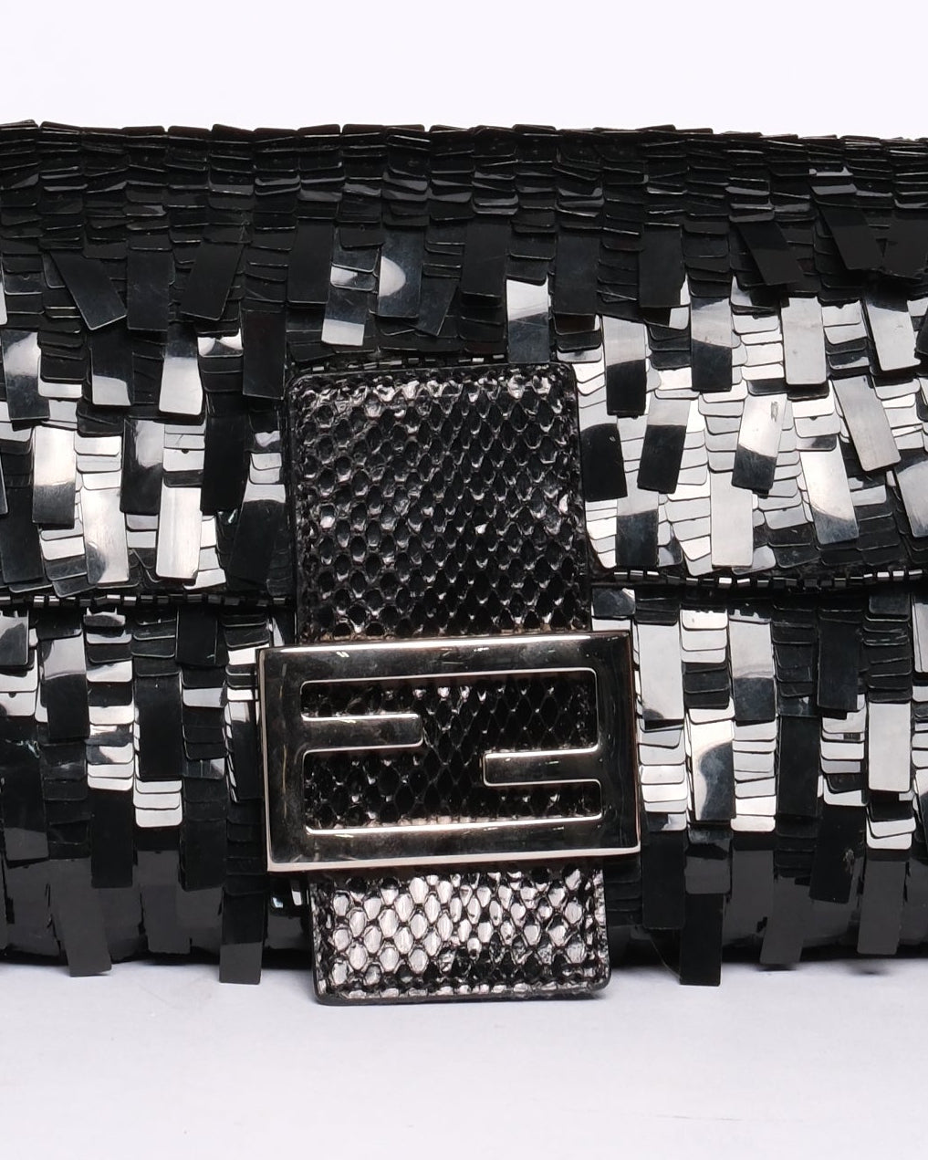 Fendi Black Sequin & Python Baguette Shoulder Bag