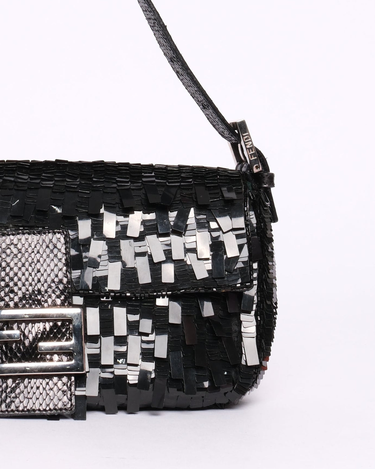 Fendi Black Sequin & Python Baguette Shoulder Bag