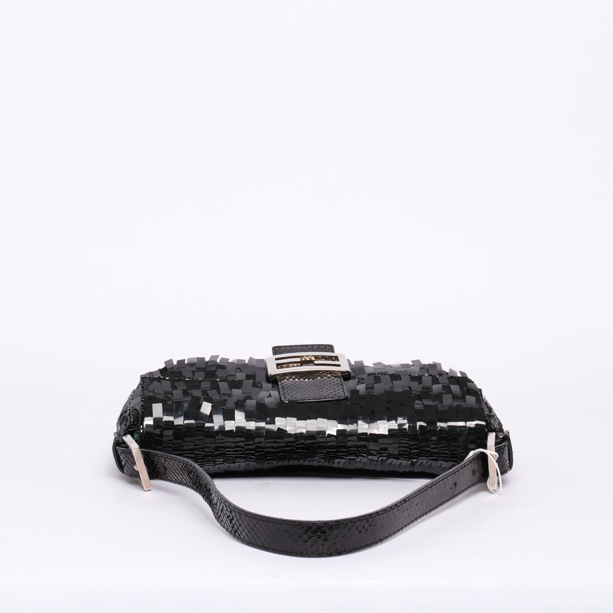 Fendi Black Sequin & Python Baguette Shoulder Bag