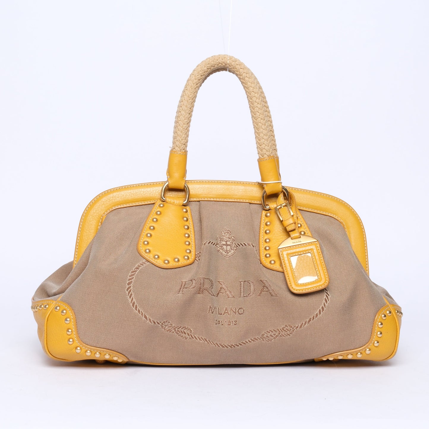 Prada Yellow Leather Brown Canvas Studded Top Handle Tote Bag