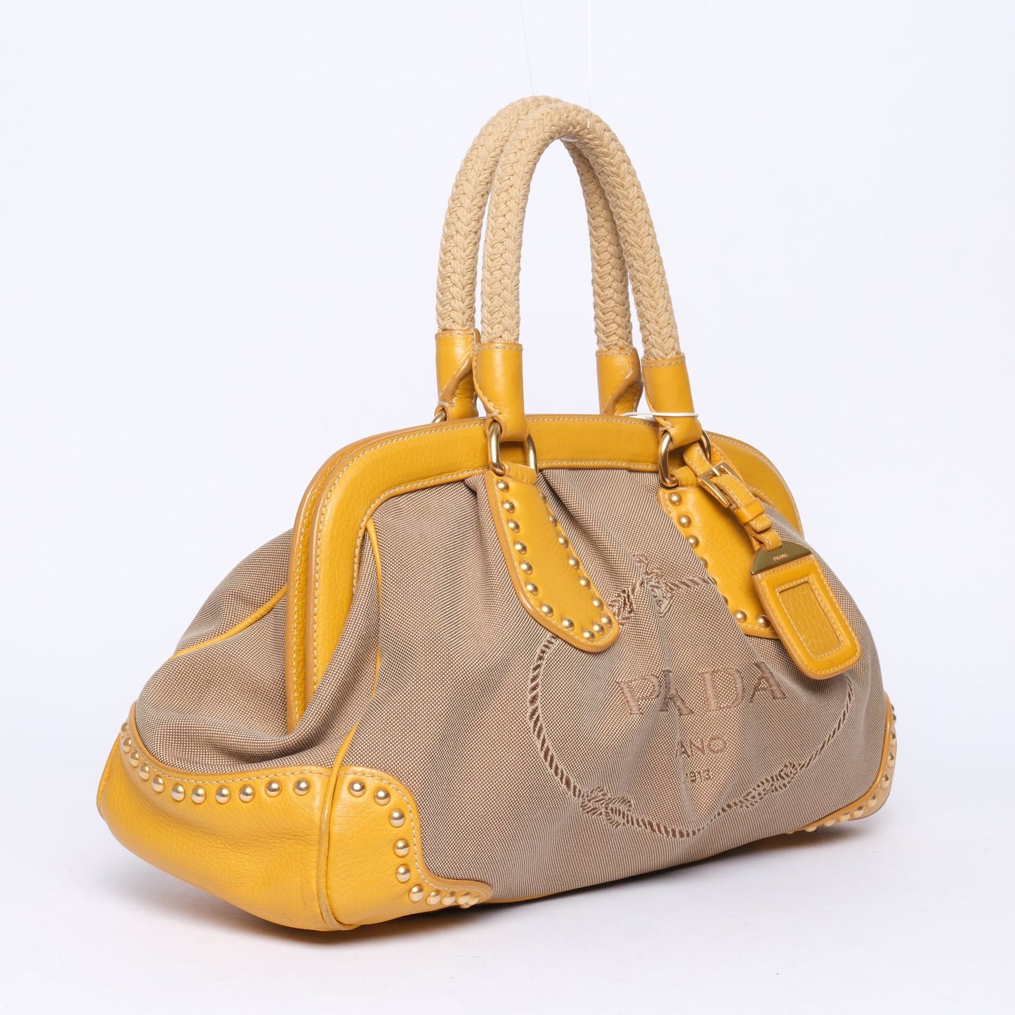 Prada Yellow Leather Brown Canvas Studded Top Handle Tote Bag