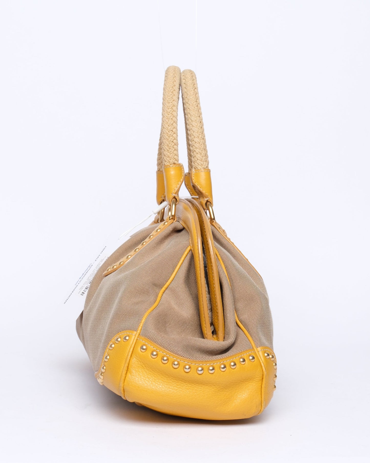 Prada Yellow Leather Brown Canvas Studded Top Handle Tote Bag