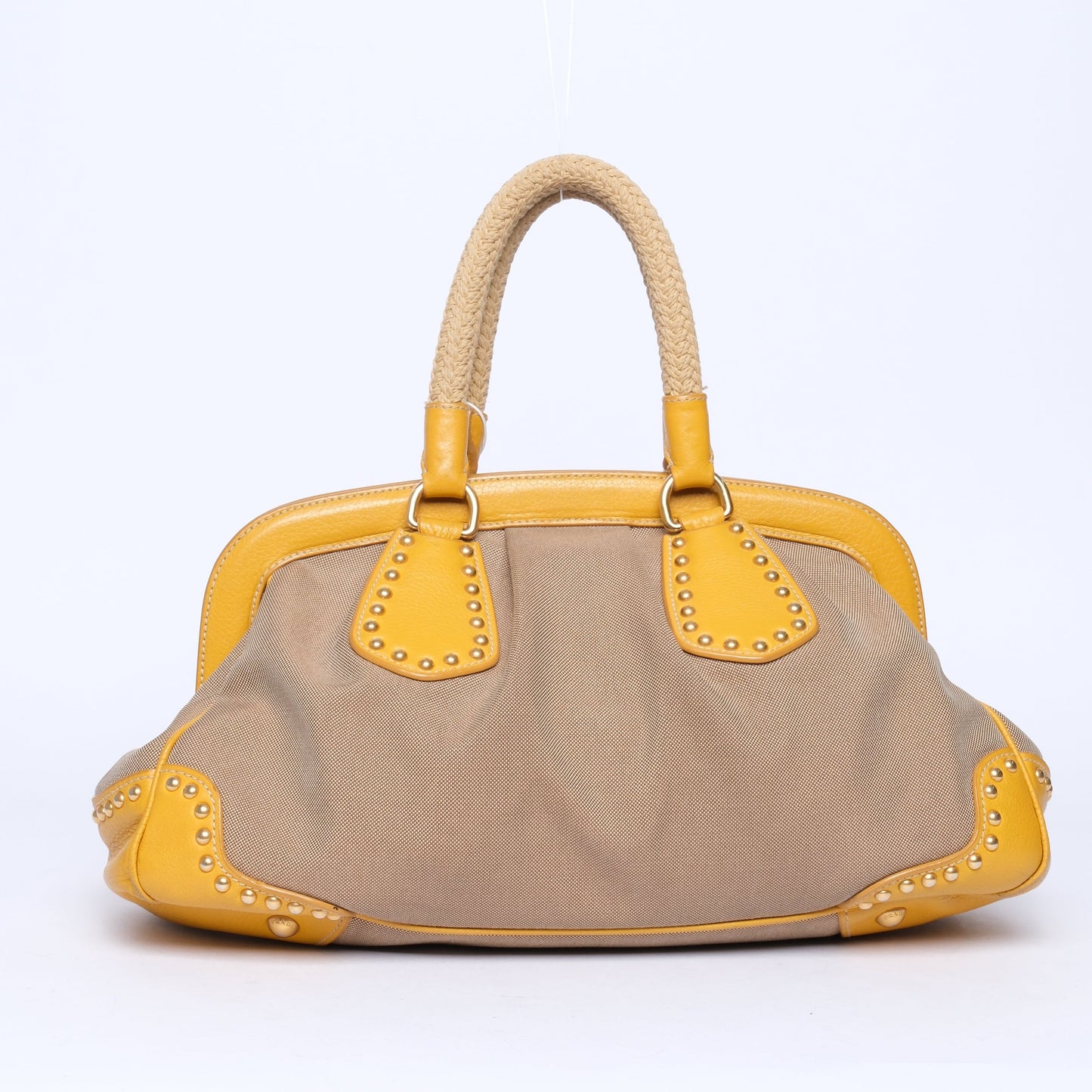 Prada Yellow Leather Brown Canvas Studded Top Handle Tote Bag