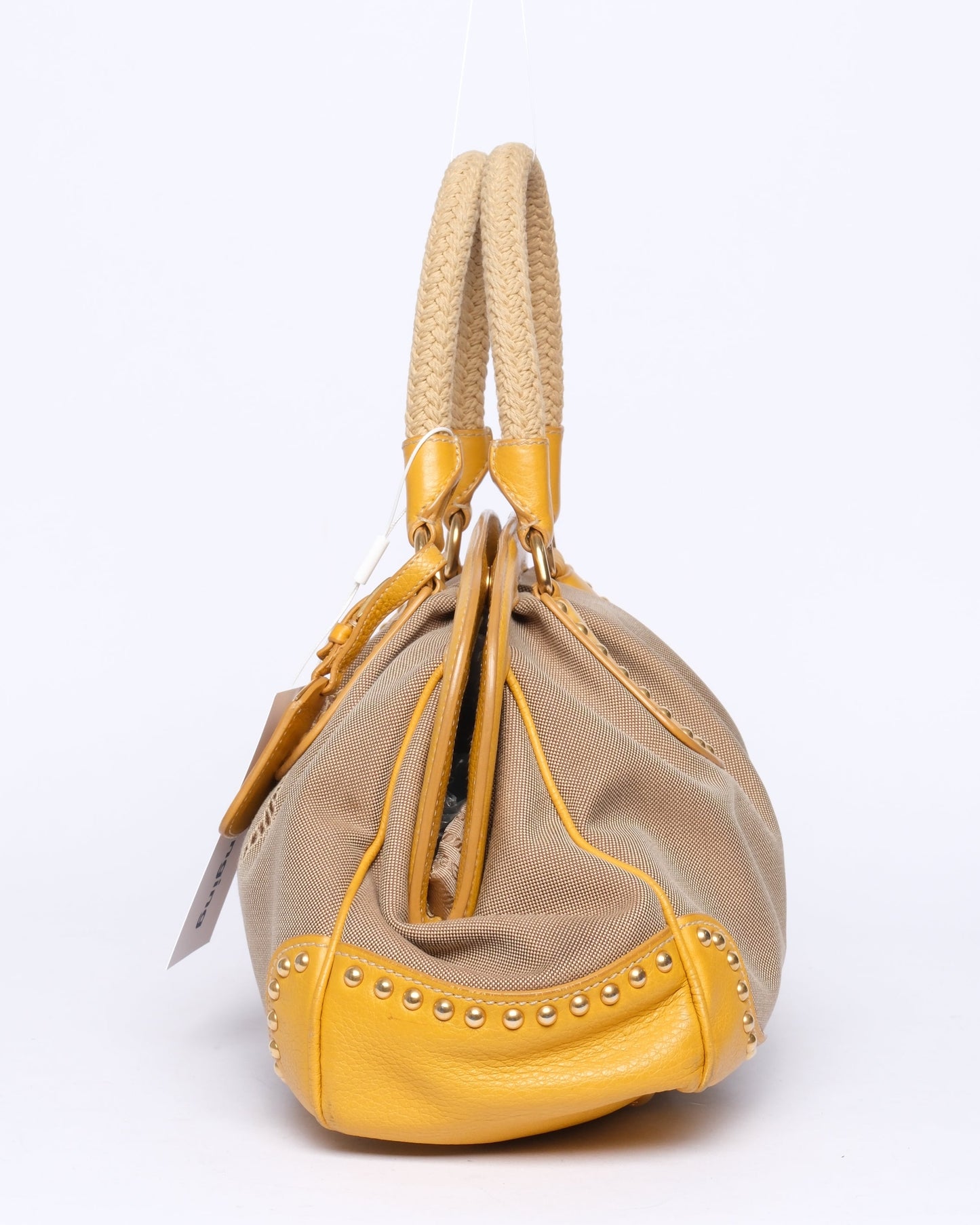 Prada Yellow Leather Brown Canvas Studded Top Handle Tote Bag