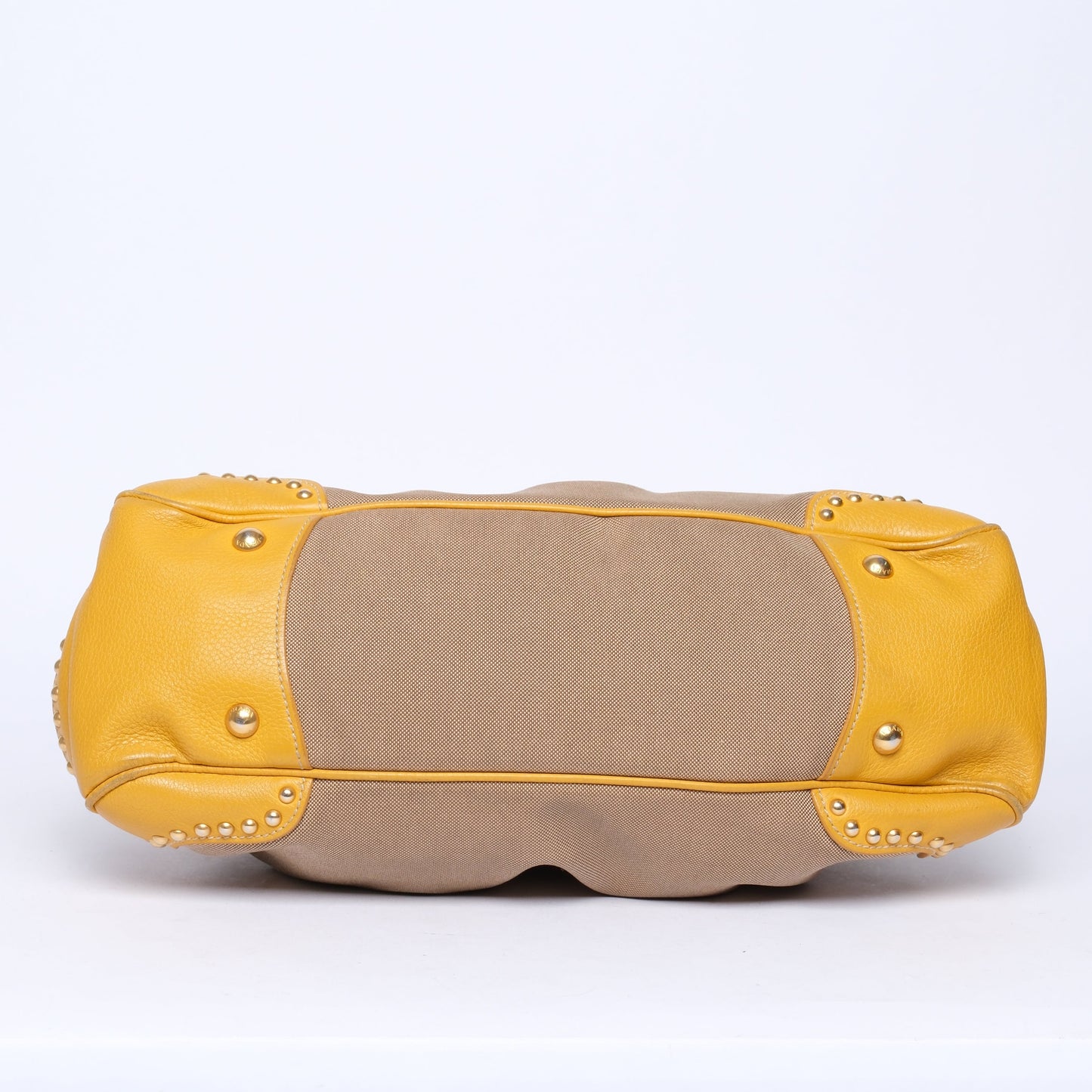 Prada Yellow Leather Brown Canvas Studded Top Handle Tote Bag