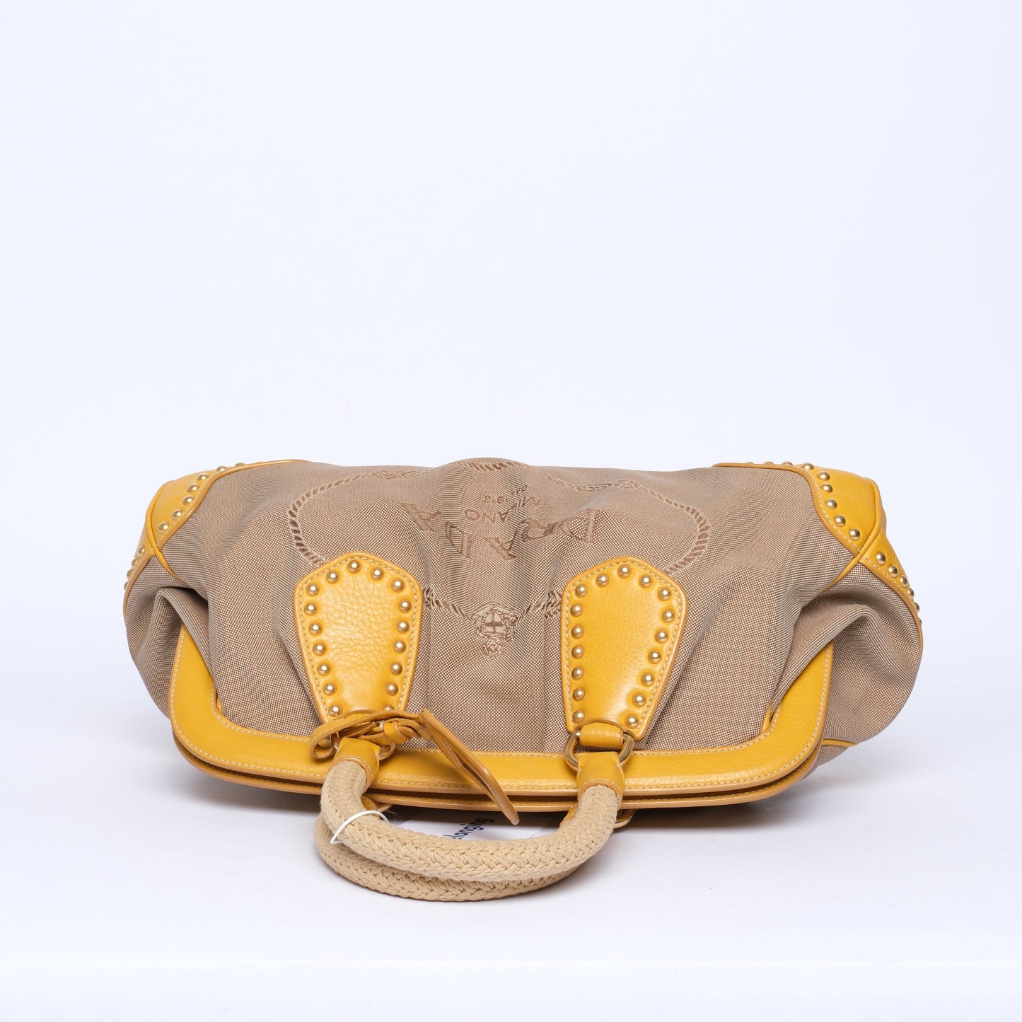 Prada Yellow Leather Brown Canvas Studded Top Handle Tote Bag