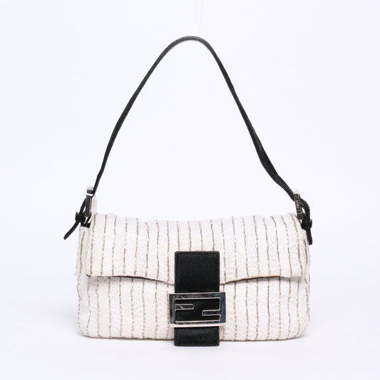 Fendi Ivory Knit Beaded & Ponyhair Baguette Shoulder Bag