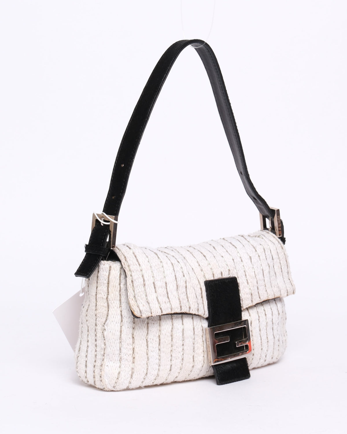 Fendi Ivory Knit Beaded & Ponyhair Baguette Shoulder Bag