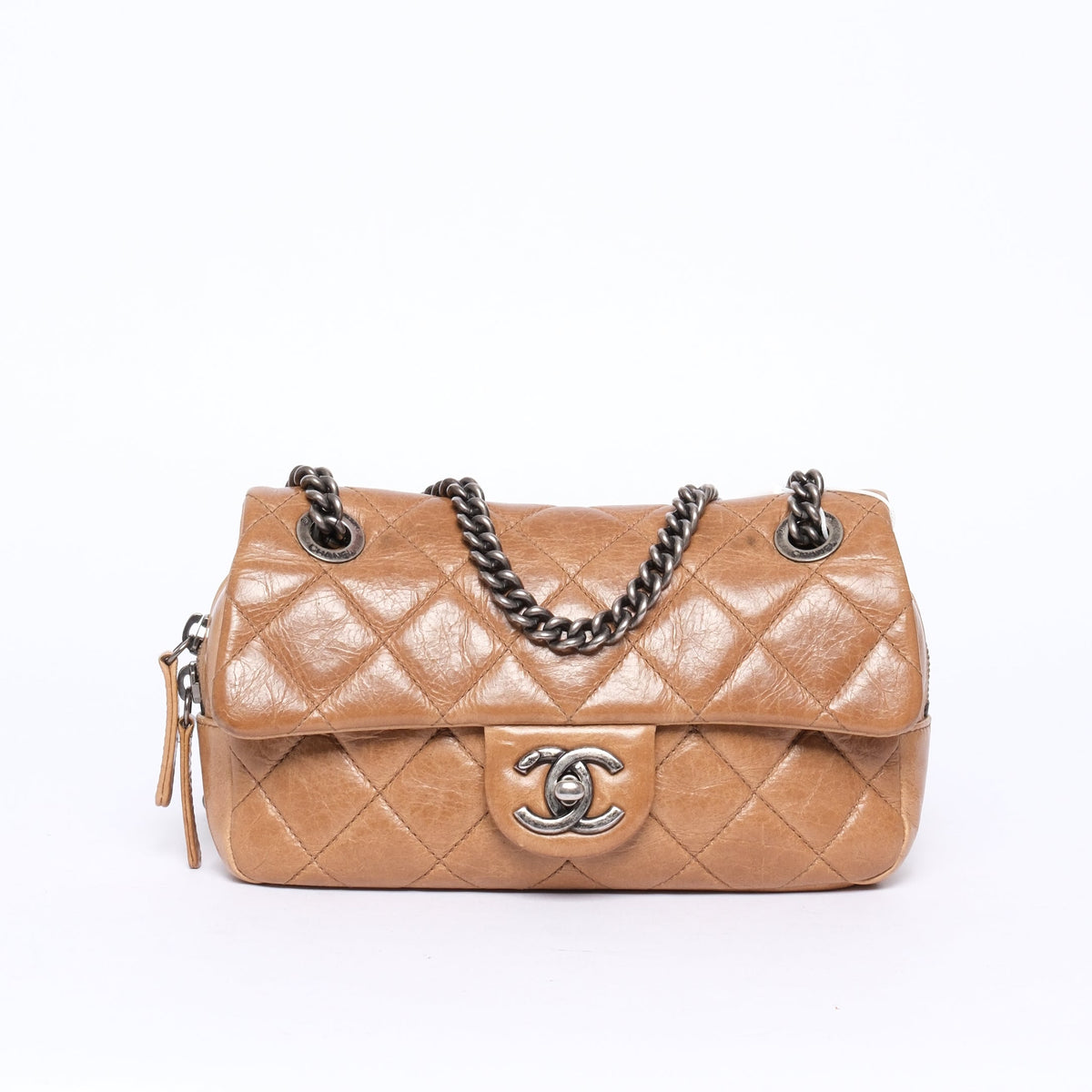 Chanel Tan Leather Small Zip Camera Flap Bag