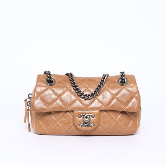 Chanel Tan Leather Small Zip Camera Flap Bag