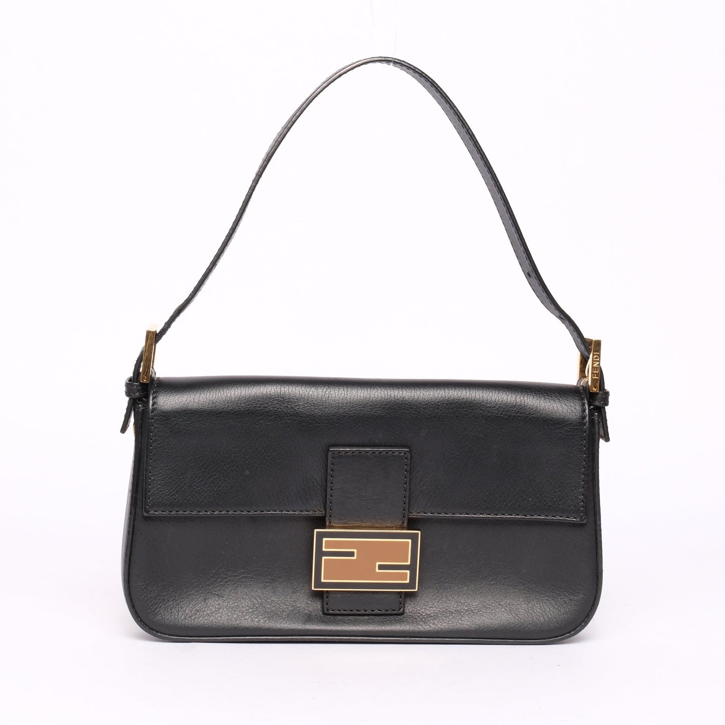 Fendi Black Leather Flat Flap Baguette Shoulder Bag