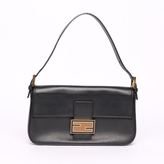 Fendi Black Leather Flat Flap Baguette Shoulder Bag