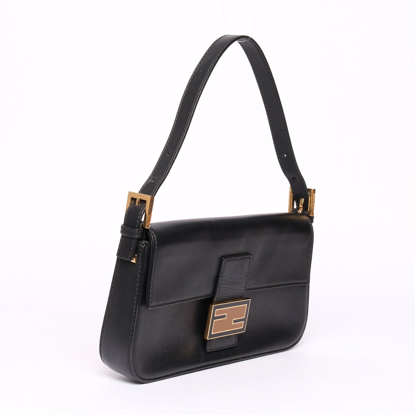 Fendi Black Leather Flat Flap Baguette Shoulder Bag