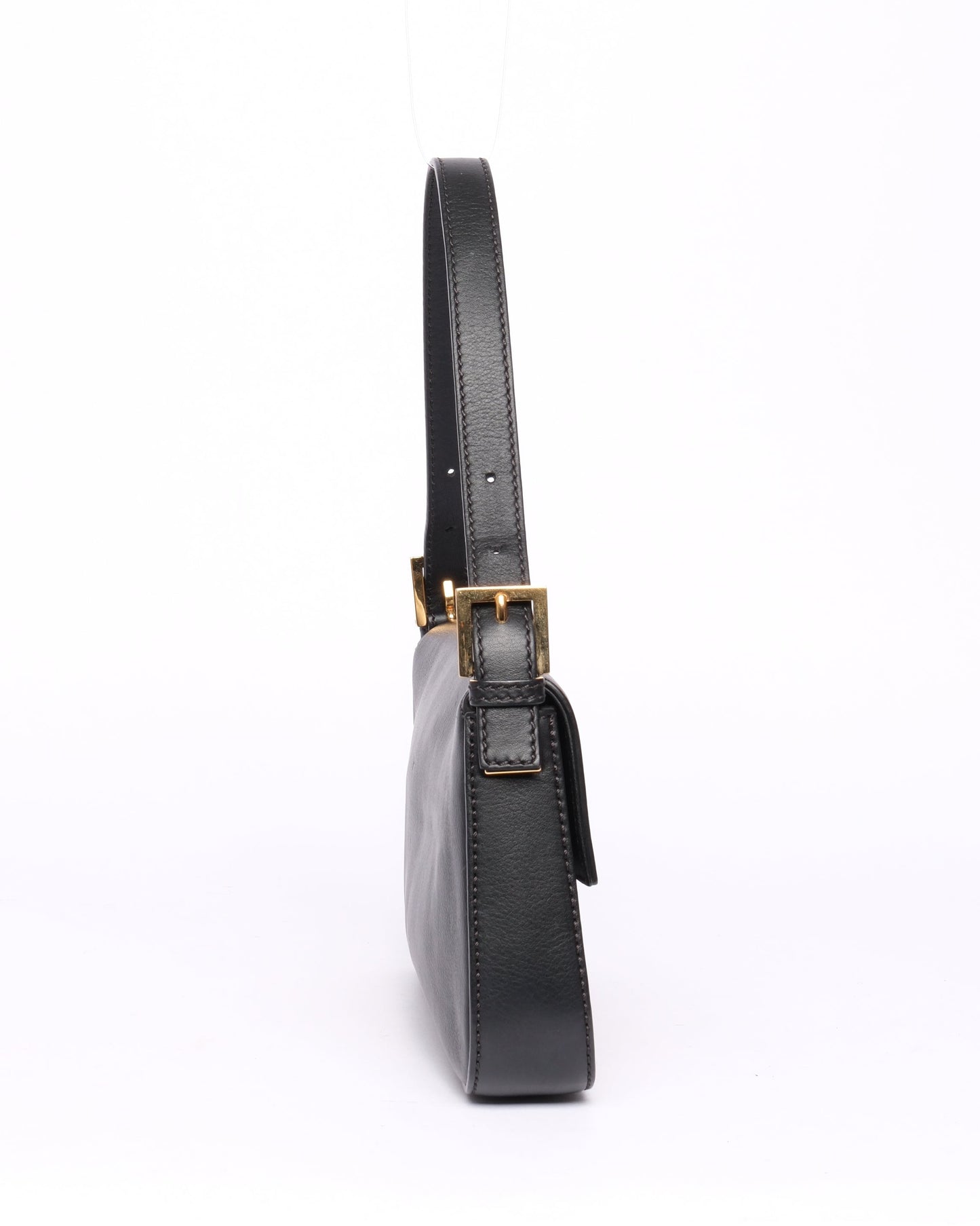 Fendi Black Leather Flat Flap Baguette Shoulder Bag