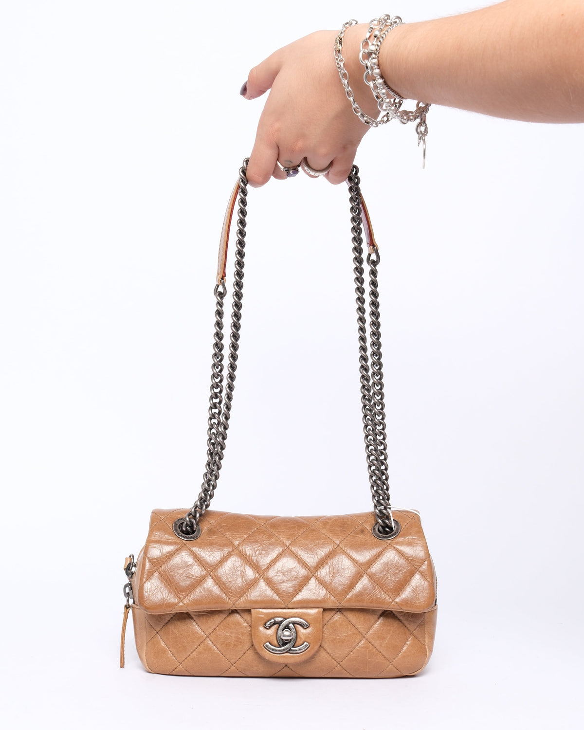 Chanel Tan Leather Small Zip Camera Flap Bag
