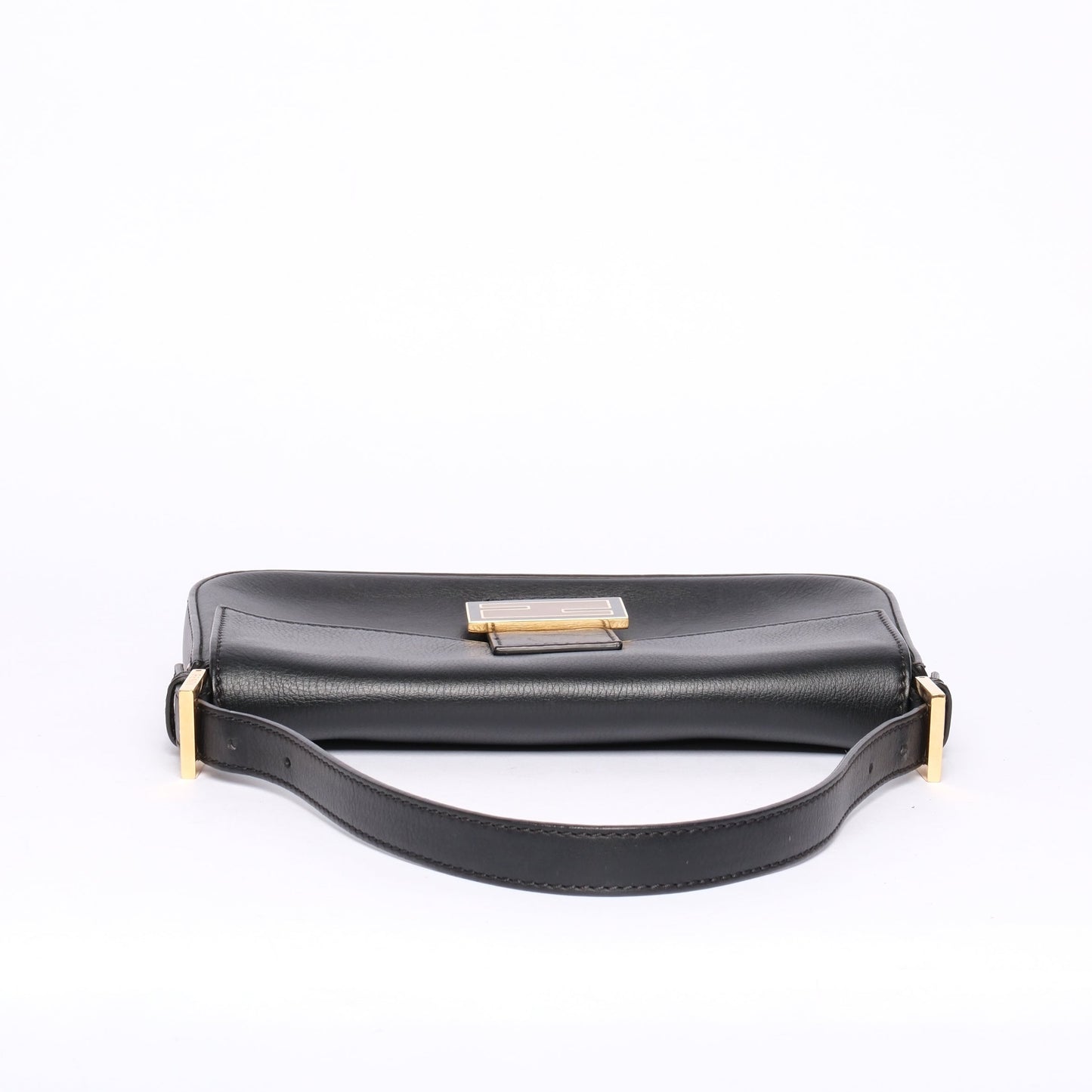 Fendi Black Leather Flat Flap Baguette Shoulder Bag