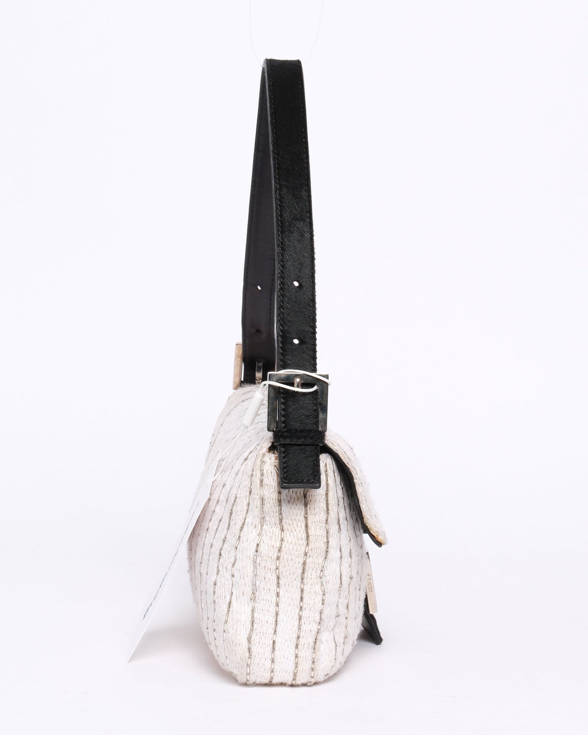 Fendi Ivory Knit Beaded & Ponyhair Baguette Shoulder Bag