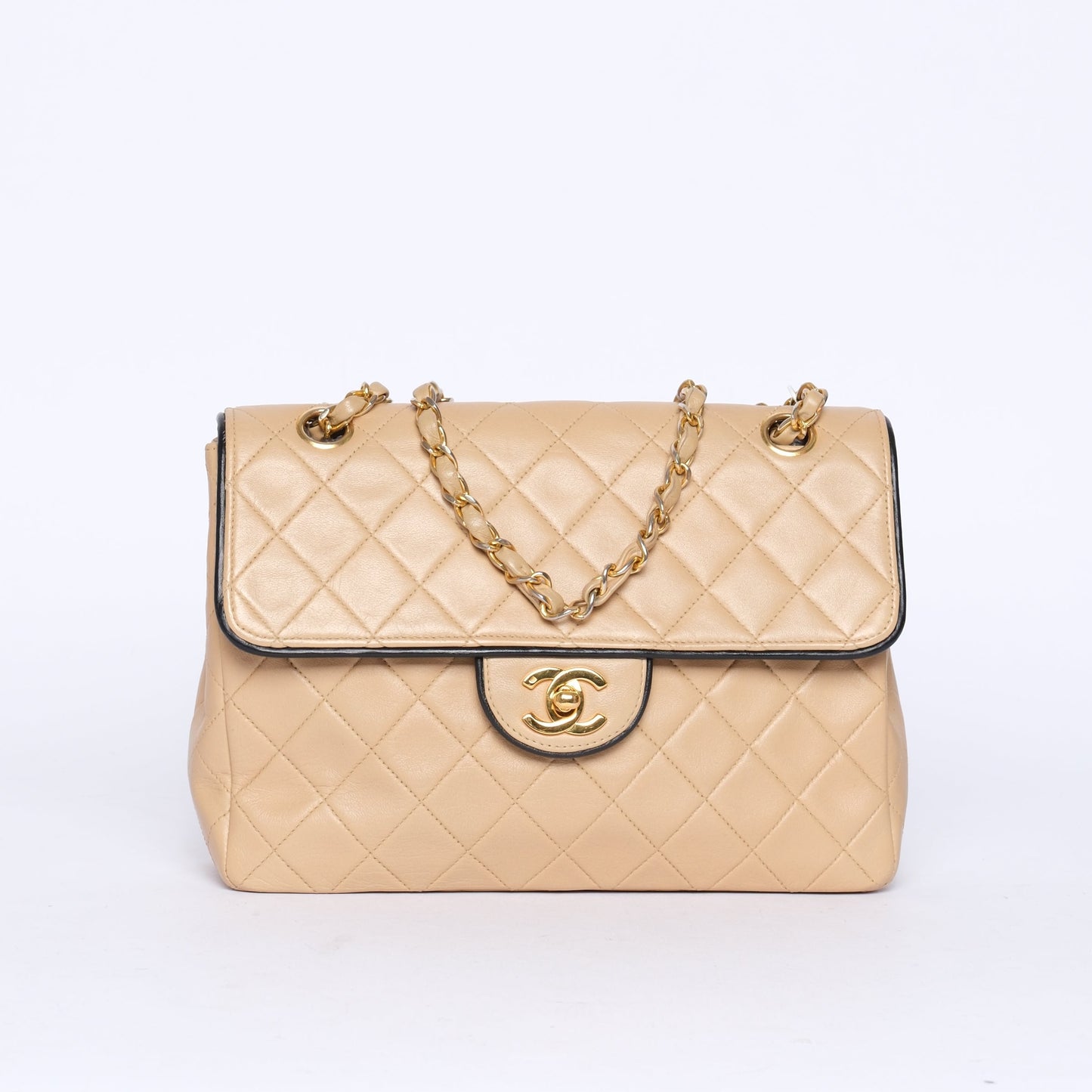 Chanel Beige Quilted Lambskin 24KGP Matelassé Flap