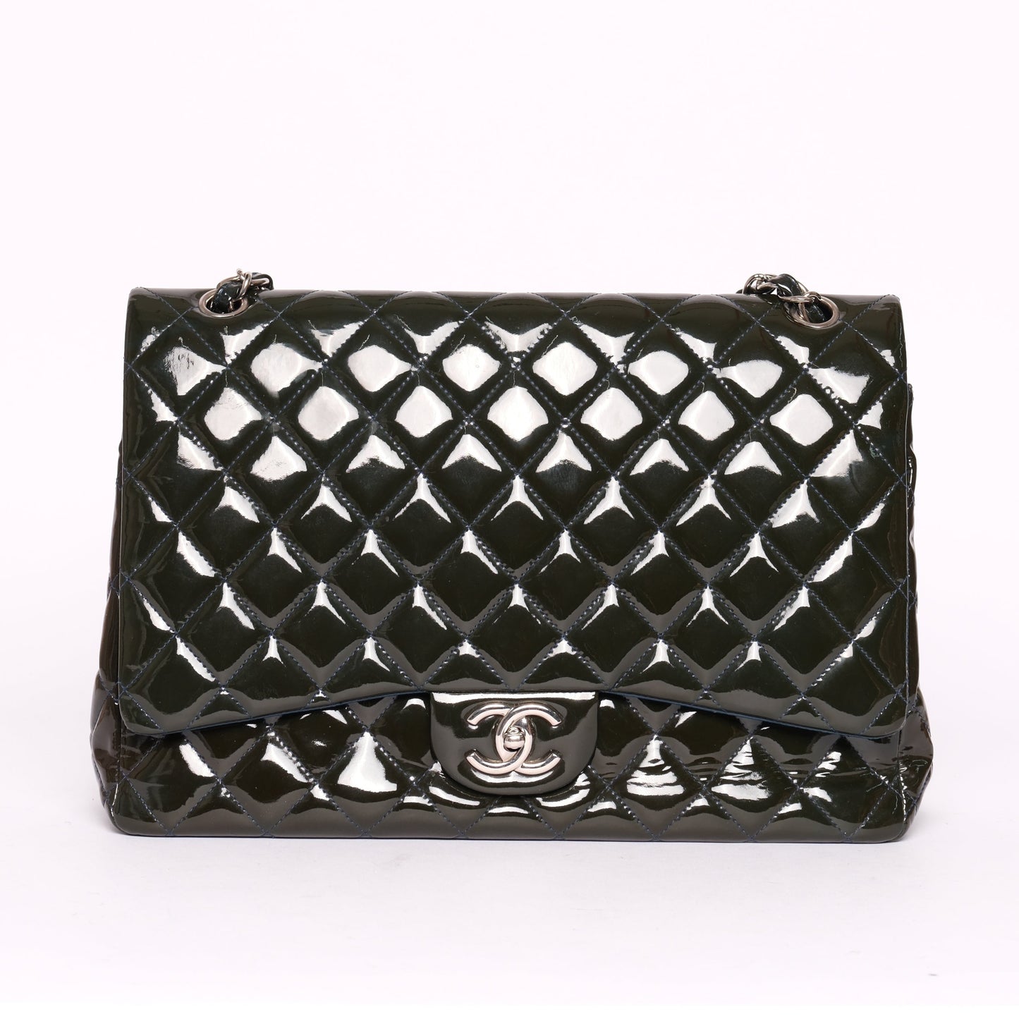Chanel Patent Leather Dark Green Maxi Double Flap Shoulder Bag