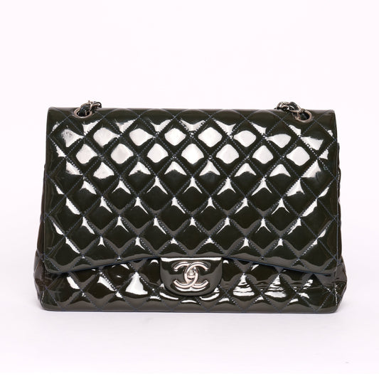 Chanel Patent Leather Dark Green Maxi Double Flap Shoulder Bag